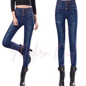 New! High Rise Stretch Smocked Button Fly Skinny Denim Jeans